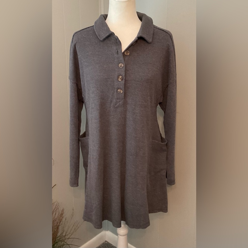Gray Long Sleeve Button-Up Dress